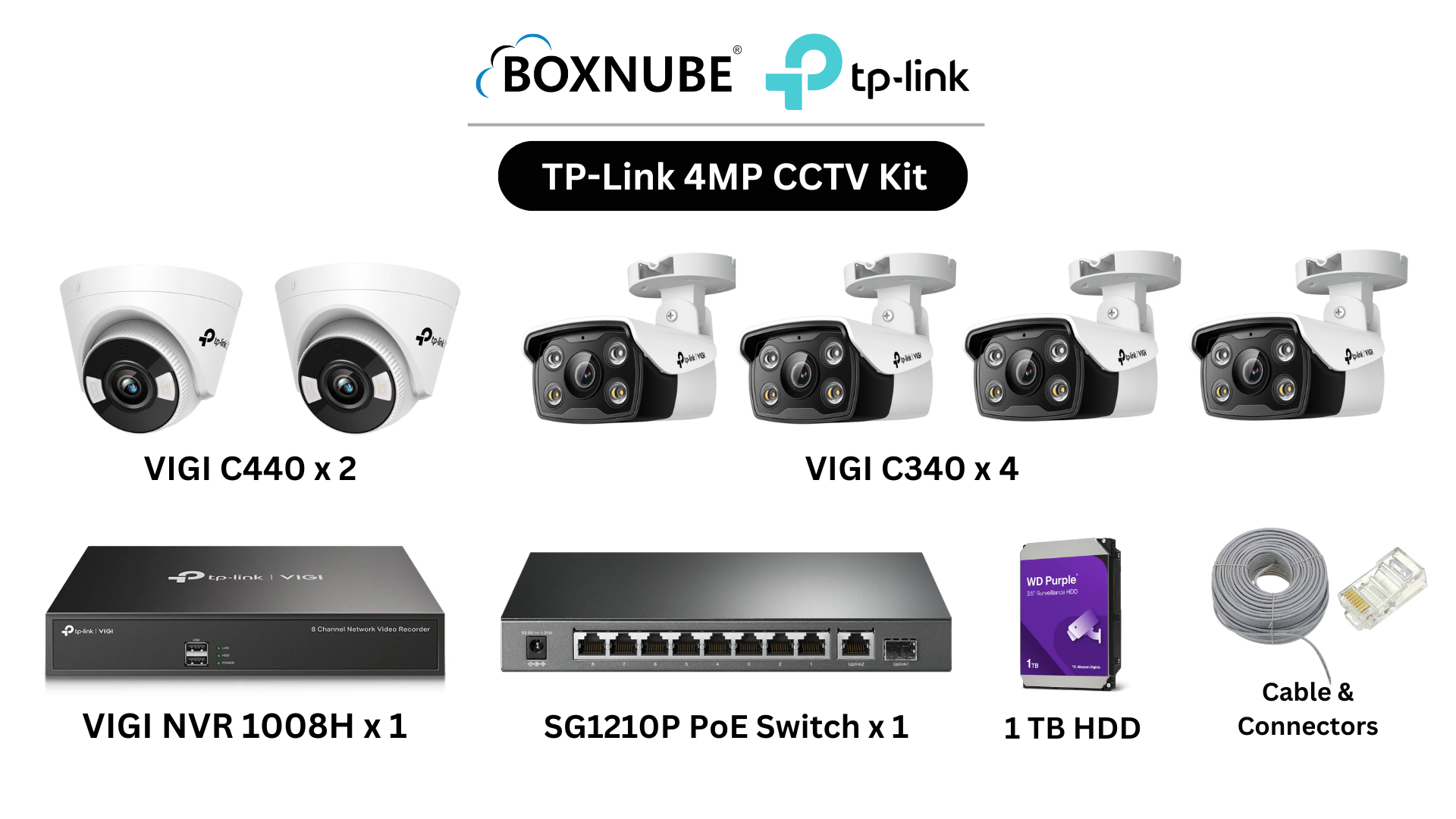 TP-Link VIGI 4MP 6 Camera Kit Bundle, 4 x VIGI C340 Bullet, 2 x VIGI C440 Turret, 8 Channel NVR, 8 Port PoE Gigabit Switch, 100M CAT6 Cable, RJ45 Plug TP-Link VIGI 4MP 6 Camera Kit Bundle, 4 x VIGI C340 Bullet, 2 x VIGI C440 Turret, 8 Channel NVR, 8 Port PoE Gigabit Switch, 100M CAT6 Cable, RJ45 Plug